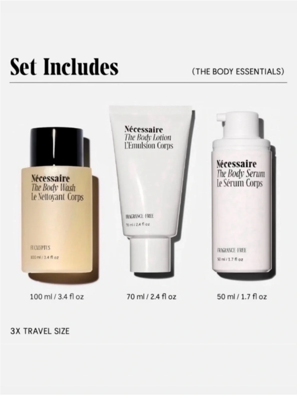 Nécessaire The Body Essentials Travel Set BNIB Body Wash Lotion Serum